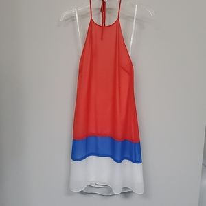 Bright red white & blue colorblock halter dress